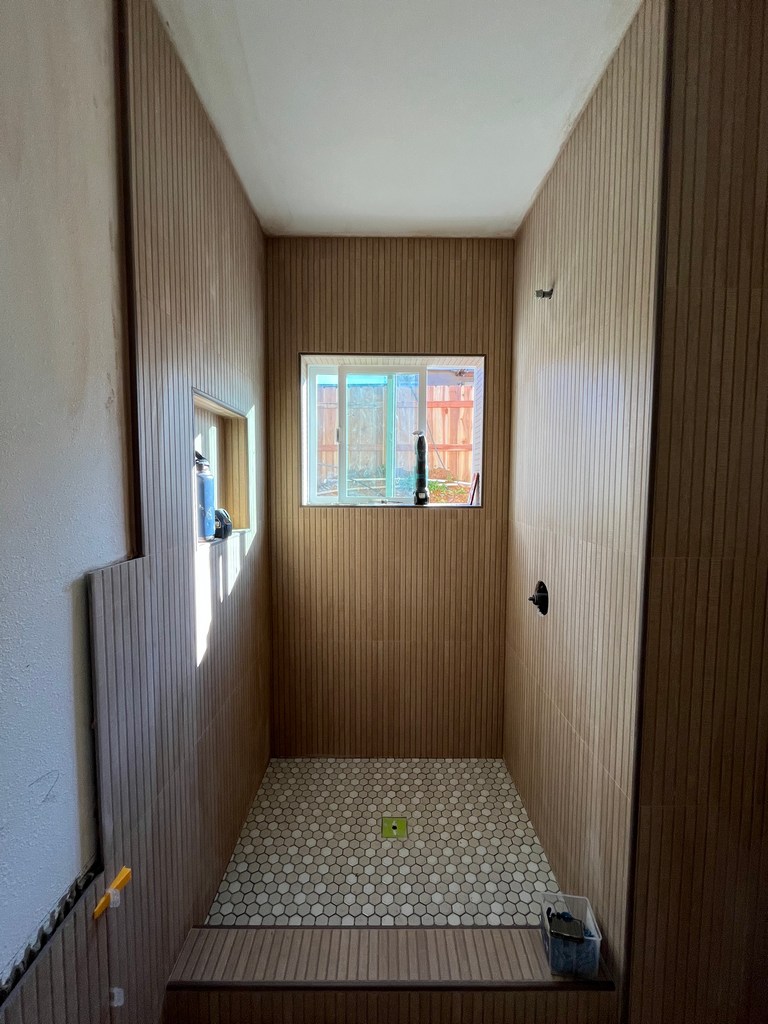 Shower tile niche installed