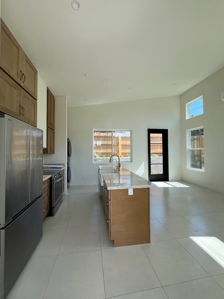 ADU kitchen island open living layout.