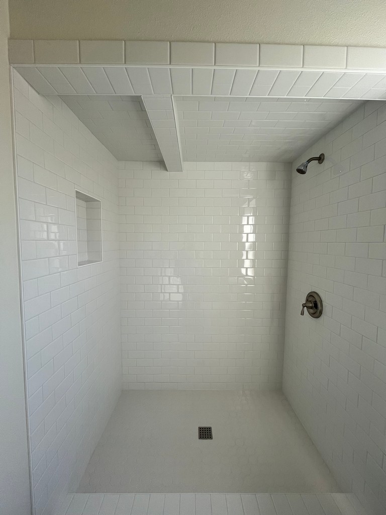 Walk-in shower featuring white subway tile walls, recessed niche storage.