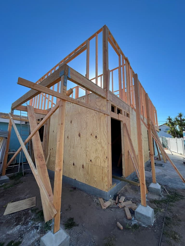 Side view of second-story ADU framing.