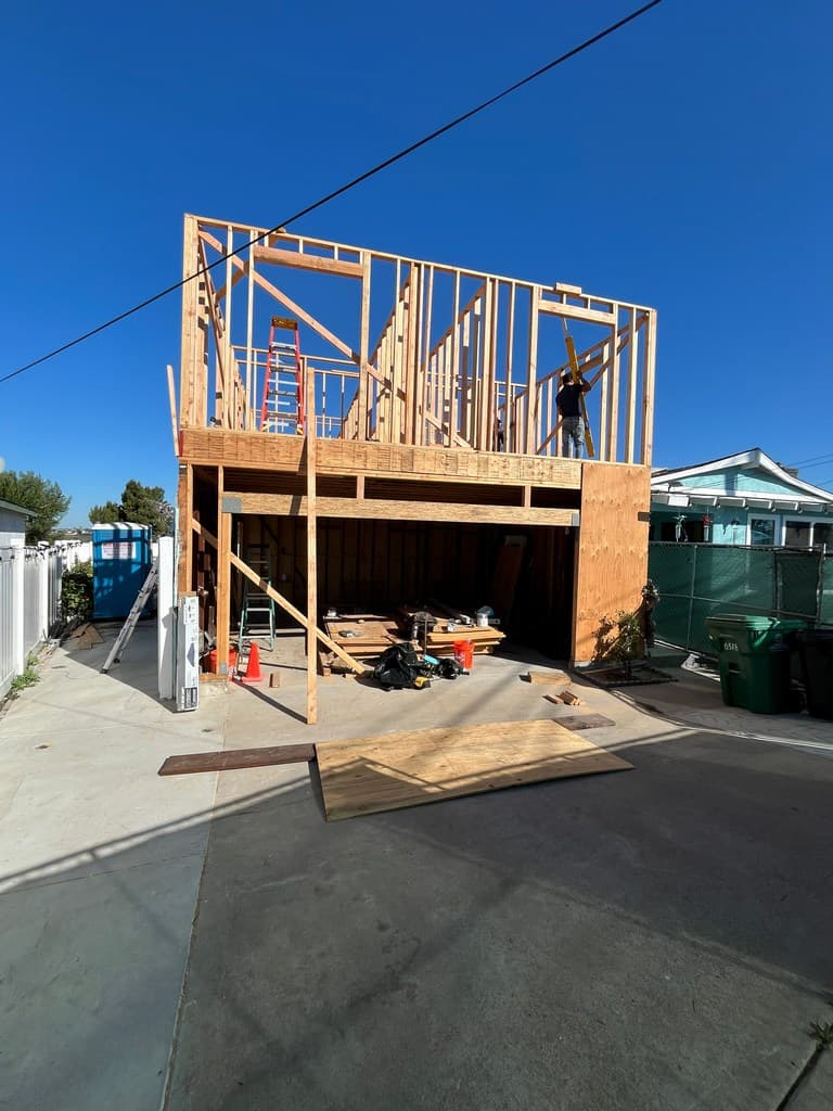 Front view of ADU framing above garage.