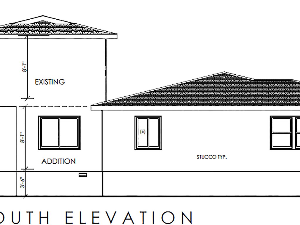 South elevation plan showing main floor addition with stucco exterior finish and window layout.