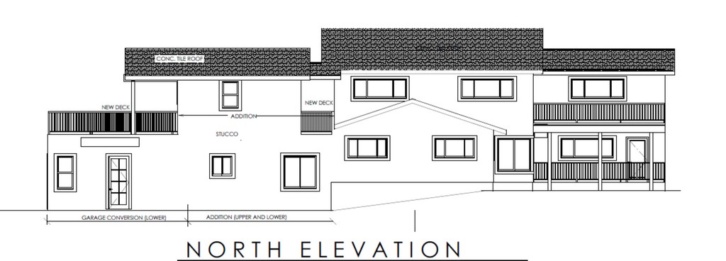 North elevation showing garage conversion, home additions, and new decks