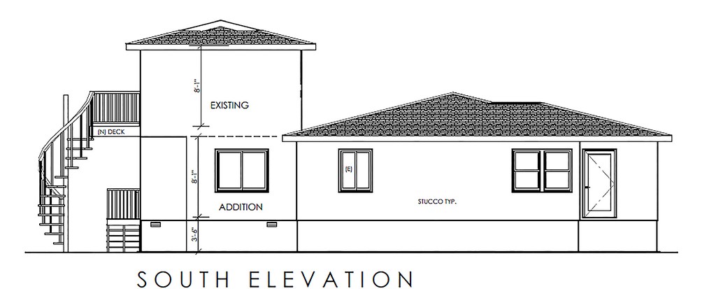South elevation plan showing main floor addition with stucco exterior finish and window layout.