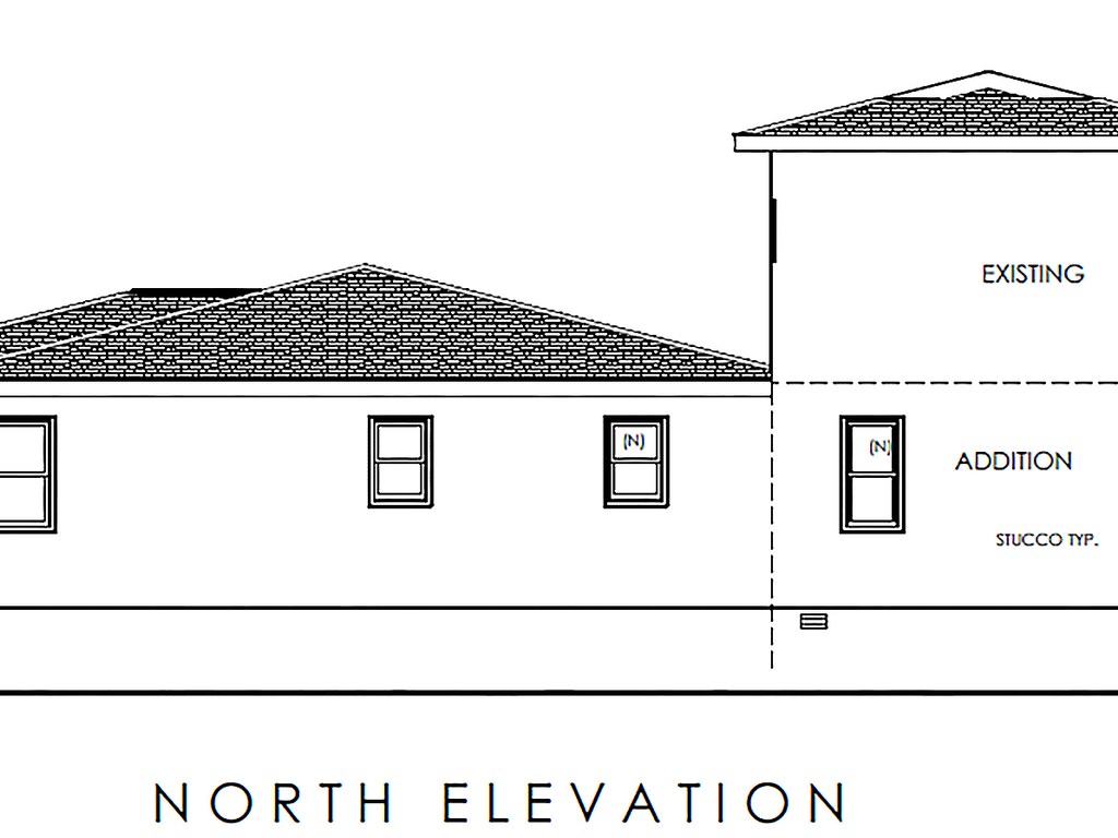 North elevation showing addition integration with existing structure and window placements.