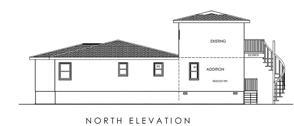 North elevation showing addition integration with existing structure and window placements.