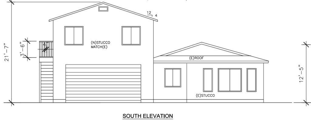 South elevation blueprint of addition above the existing garage