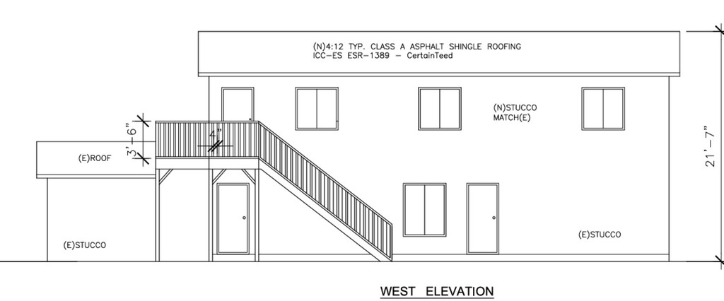 West elevation blueprint showing two-story ADU and exterior stairs