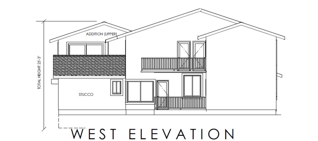 West elevation blueprint showing the second-floor addition, multiple rooflines, windows, doors, and two exterior decks.