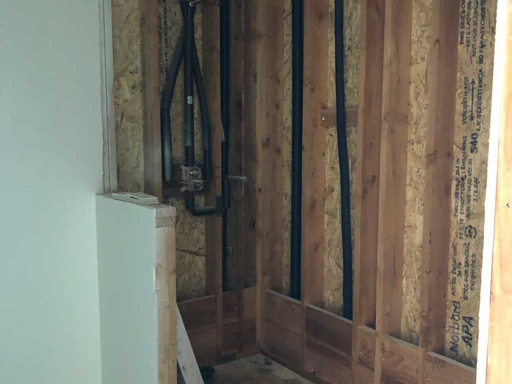 walk in shower with exposed studs and sub-floor