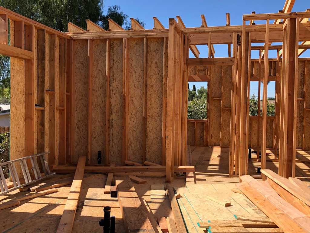 exterior walls with plywood sheeting of an ADU
