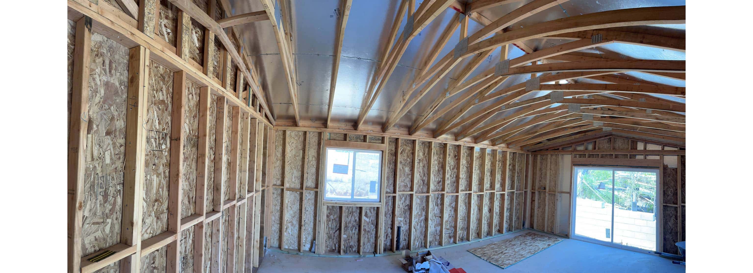 Open studs with OBS sheathing and ceiling joists