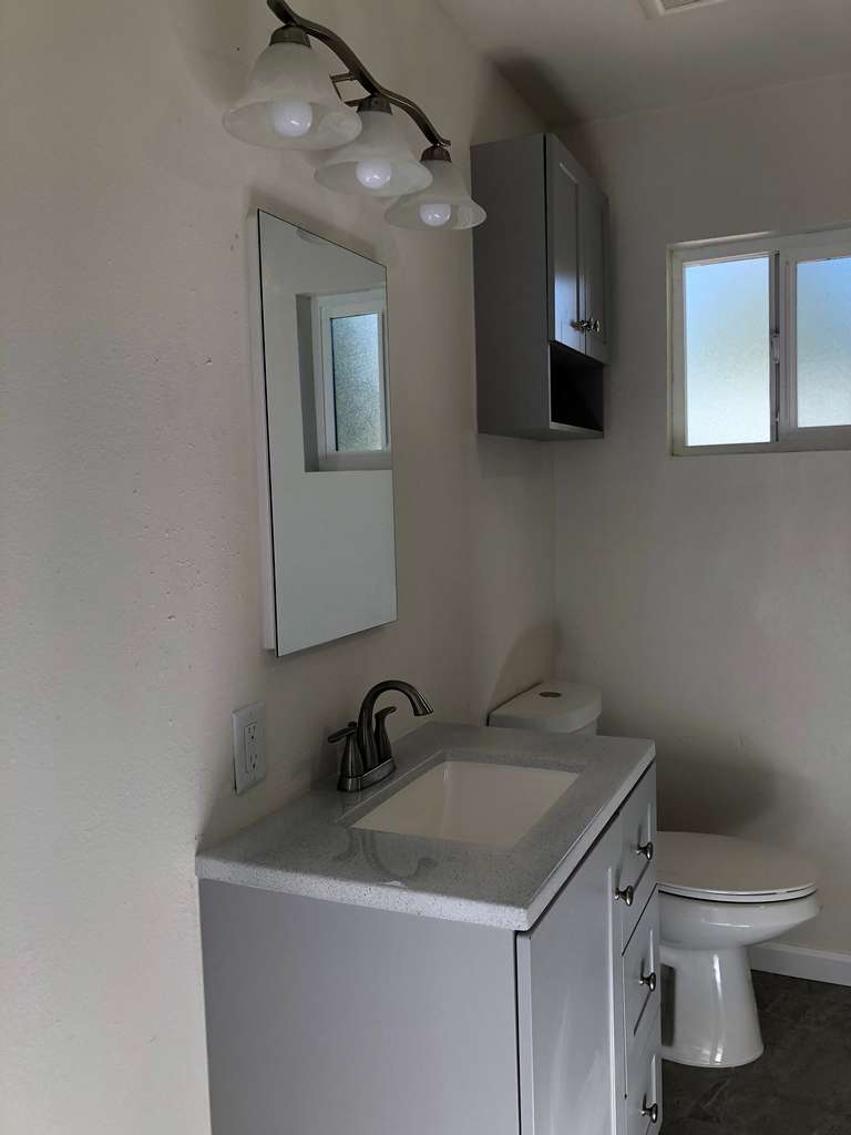 custom cabinet, light fixture, mirror in new bathroom